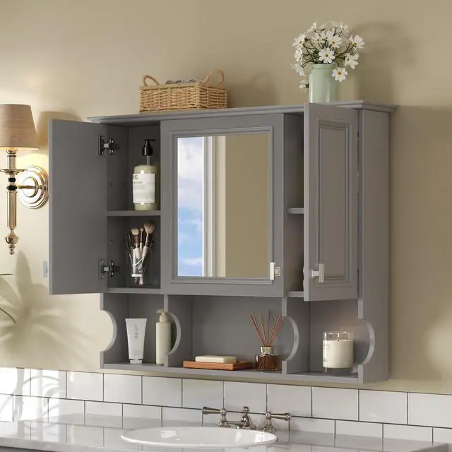 Alt view image 6 of 7 - 35'' x 28'' Wall Mounted Bathroom Medicine Cabinet, Modern Bathroom Wall Cabinet with Mirror, Mirror Cabinet with Open Shelves