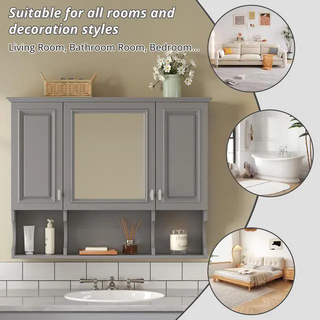 Alt view image 7 of 7 - 35'' x 28'' Wall Mounted Bathroom Medicine Cabinet, Modern Bathroom Wall Cabinet with Mirror, Mirror Cabinet with Open Shelves