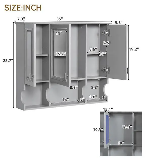 Alt view image 3 of 7 - 35'' x 28'' Wall Mounted Bathroom Medicine Cabinet, Modern Bathroom Wall Cabinet with Mirror, Mirror Cabinet with Open Shelves