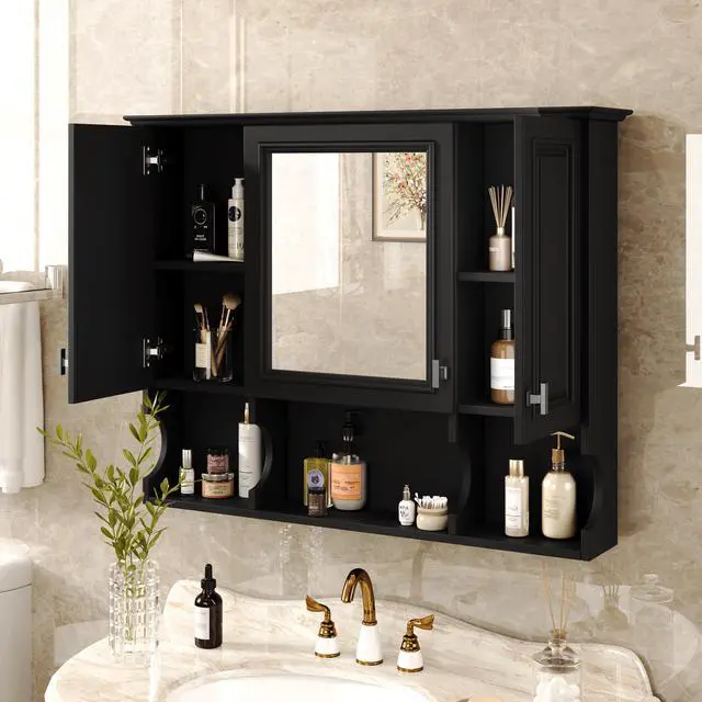 Alt view image 6 of 7 - 35'' x 28'' Wall Mounted Bathroom Medicine Cabinet, Modern Bathroom Wall Cabinet with Mirror, Mirror Cabinet with Open Shelves