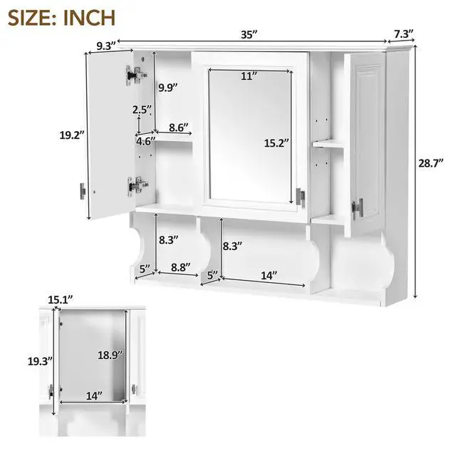 Alt view image 3 of 7 - 35'' x 28'' Wall Mounted Bathroom Medicine Cabinet, Modern Bathroom Wall Cabinet with Mirror, Mirror Cabinet with Open Shelves
