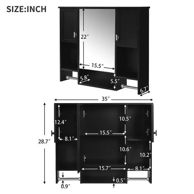 Alt view image 3 of 7 - 35'' x 28'' Modern Wall Mounted Bathroom Storage Cabinet, Bathroom Wall Cabinet with Mirror, Medicine Cabinet with Towels Bar