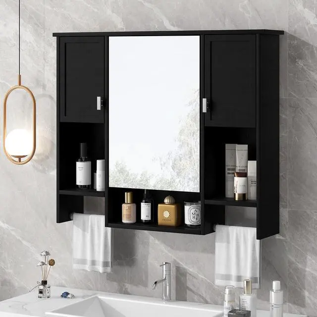 Alt view image 4 of 7 - 35'' x 28'' Modern Wall Mounted Bathroom Storage Cabinet, Bathroom Wall Cabinet with Mirror, Medicine Cabinet with Towels Bar