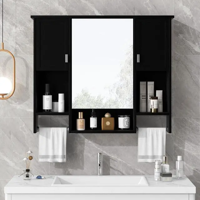 Alt view image 2 of 7 - 35'' x 28'' Modern Wall Mounted Bathroom Storage Cabinet, Bathroom Wall Cabinet with Mirror, Medicine Cabinet with Towels Bar