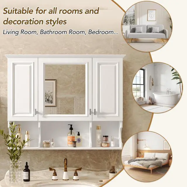 Alt view image 7 of 7 - 35'' x 28'' Wall Mounted Bathroom Medicine Cabinet, Modern Bathroom Wall Cabinet with Mirror, Mirror Cabinet with Open Shelves