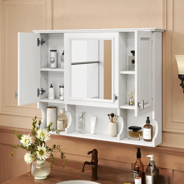Alt view image 4 of 7 - 35'' x 28'' Wall Mounted Bathroom Medicine Cabinet, Modern Bathroom Wall Cabinet with Mirror, Mirror Cabinet with Open Shelves