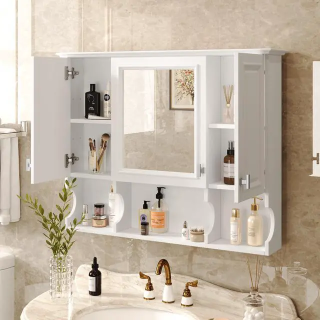 Alt view image 6 of 7 - 35'' x 28'' Wall Mounted Bathroom Medicine Cabinet, Modern Bathroom Wall Cabinet with Mirror, Mirror Cabinet with Open Shelves