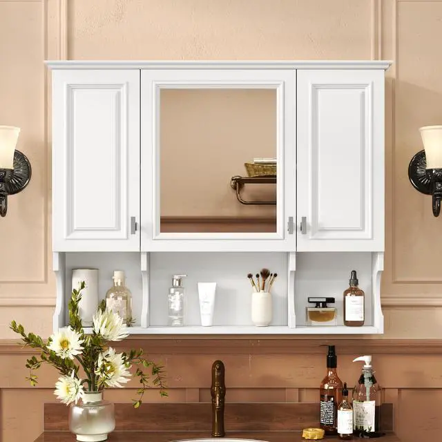 Alt view image 2 of 7 - 35'' x 28'' Wall Mounted Bathroom Medicine Cabinet, Modern Bathroom Wall Cabinet with Mirror, Mirror Cabinet with Open Shelves