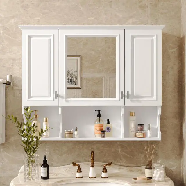 Alt view image 5 of 7 - 35'' x 28'' Wall Mounted Bathroom Medicine Cabinet, Modern Bathroom Wall Cabinet with Mirror, Mirror Cabinet with Open Shelves
