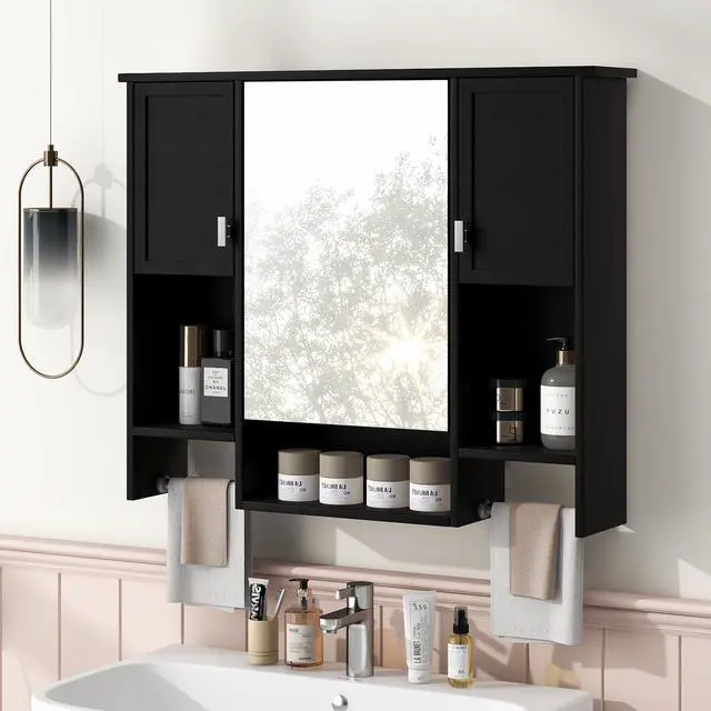 Alt view image 6 of 7 - 35'' x 28'' Modern Wall Mounted Bathroom Storage Cabinet, Bathroom Wall Cabinet with Mirror, Medicine Cabinet with Towels Bar