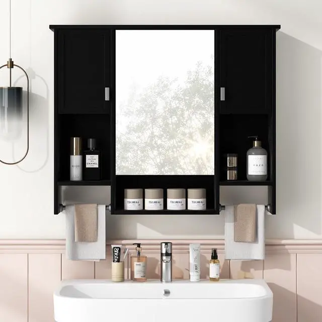 Alt view image 5 of 7 - 35'' x 28'' Modern Wall Mounted Bathroom Storage Cabinet, Bathroom Wall Cabinet with Mirror, Medicine Cabinet with Towels Bar