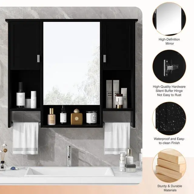 Alt view image 7 of 7 - 35'' x 28'' Modern Wall Mounted Bathroom Storage Cabinet, Bathroom Wall Cabinet with Mirror, Medicine Cabinet with Towels Bar