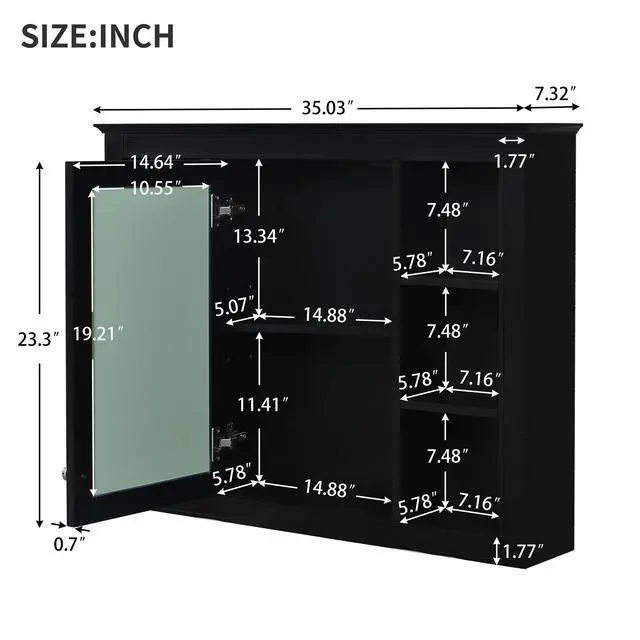 Alt view image 3 of 7 - 35'' x 28'' Medicine Cabinet, Wall Mounted Bathroom Storage Cabinet, Modern Bathroom Wall Cabinet with Mirror, Mirror Cabinet with 6 Open Shelves (Not Include Bathroom Vanity )