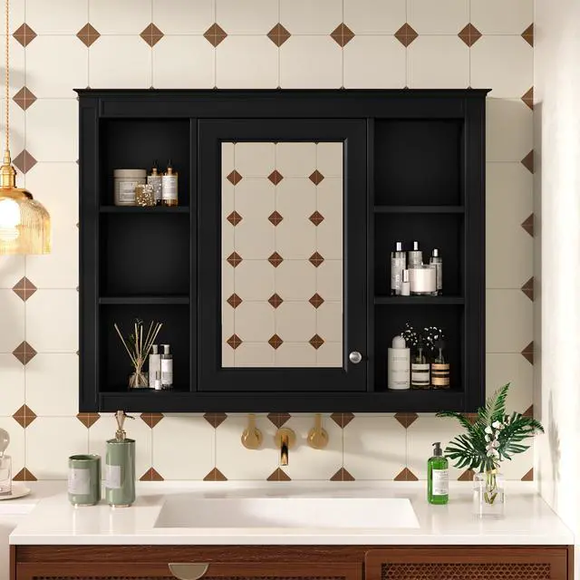 Alt view image 2 of 7 - 35'' x 28'' Medicine Cabinet, Wall Mounted Bathroom Storage Cabinet, Modern Bathroom Wall Cabinet with Mirror, Mirror Cabinet with 6 Open Shelves (Not Include Bathroom Vanity )