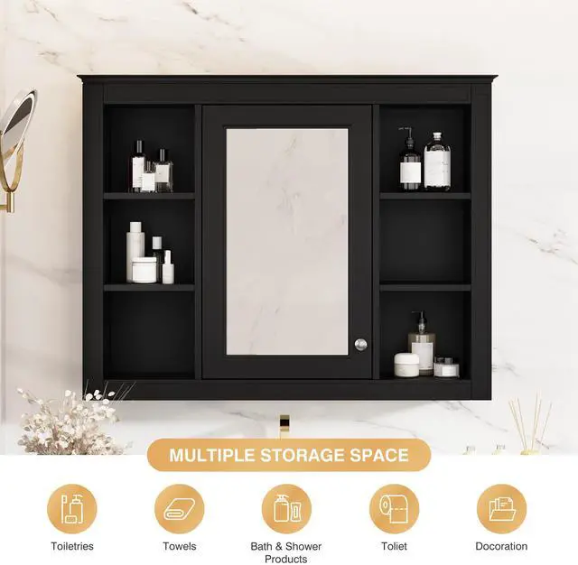 Alt view image 7 of 7 - 35'' x 28'' Medicine Cabinet, Wall Mounted Bathroom Storage Cabinet, Modern Bathroom Wall Cabinet with Mirror, Mirror Cabinet with 6 Open Shelves (Not Include Bathroom Vanity )