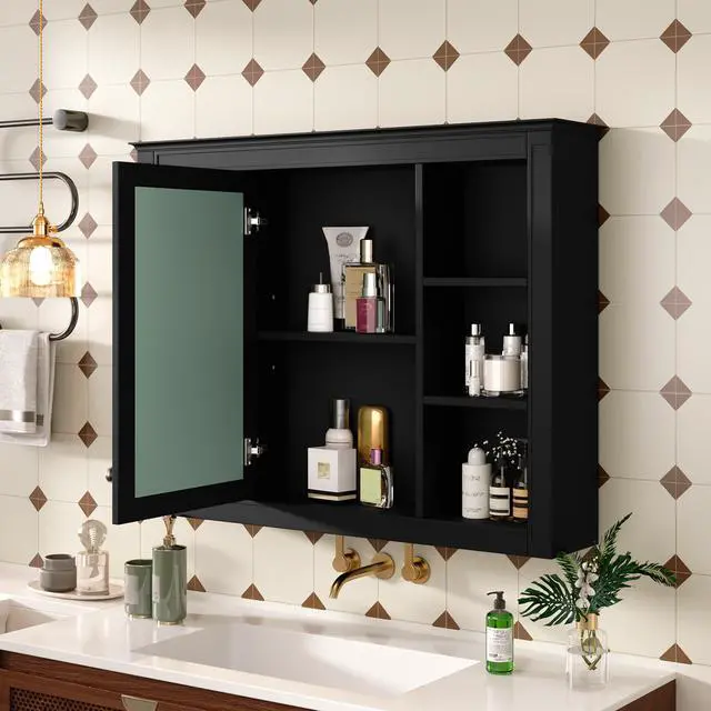 Alt view image 4 of 7 - 35'' x 28'' Medicine Cabinet, Wall Mounted Bathroom Storage Cabinet, Modern Bathroom Wall Cabinet with Mirror, Mirror Cabinet with 6 Open Shelves (Not Include Bathroom Vanity )