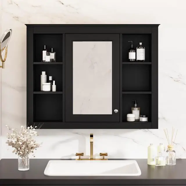 Alt view image 5 of 7 - 35'' x 28'' Medicine Cabinet, Wall Mounted Bathroom Storage Cabinet, Modern Bathroom Wall Cabinet with Mirror, Mirror Cabinet with 6 Open Shelves (Not Include Bathroom Vanity )