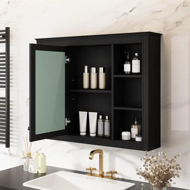 Alt view image 6 of 7 - 35'' x 28'' Medicine Cabinet, Wall Mounted Bathroom Storage Cabinet, Modern Bathroom Wall Cabinet with Mirror, Mirror Cabinet with 6 Open Shelves (Not Include Bathroom Vanity )