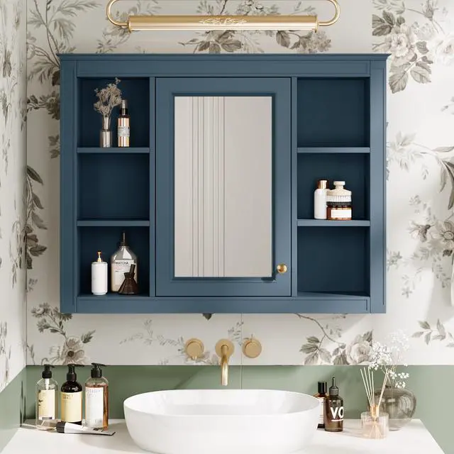 Alt view image 2 of 7 - 35'' x 28'' Medicine Cabinet, Wall Mounted Bathroom Storage Cabinet, Modern Bathroom Wall Cabinet with Mirror, Mirror Cabinet with 6 Open Shelves (Not Include Bathroom Vanity )