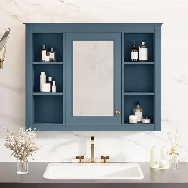 Alt view image 5 of 7 - 35'' x 28'' Medicine Cabinet, Wall Mounted Bathroom Storage Cabinet, Modern Bathroom Wall Cabinet with Mirror, Mirror Cabinet with 6 Open Shelves (Not Include Bathroom Vanity )