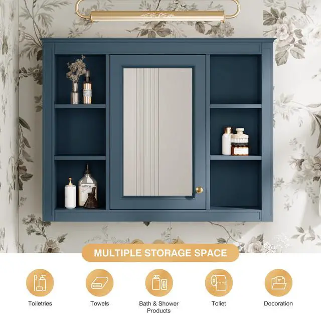 Alt view image 7 of 7 - 35'' x 28'' Medicine Cabinet, Wall Mounted Bathroom Storage Cabinet, Modern Bathroom Wall Cabinet with Mirror, Mirror Cabinet with 6 Open Shelves (Not Include Bathroom Vanity )
