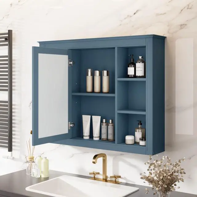 Alt view image 6 of 7 - 35'' x 28'' Medicine Cabinet, Wall Mounted Bathroom Storage Cabinet, Modern Bathroom Wall Cabinet with Mirror, Mirror Cabinet with 6 Open Shelves (Not Include Bathroom Vanity )