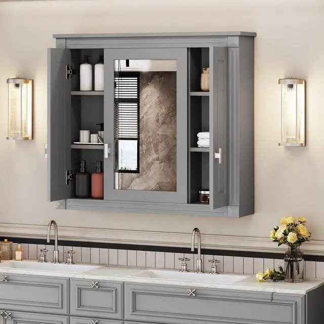 Alt view image 4 of 7 - Bathroom Wall Cabinet with Mirror, Wall Mounted Medicine Cabinet with 5 Shelves, Mirrored Door Over Toilet Storage Cabinet