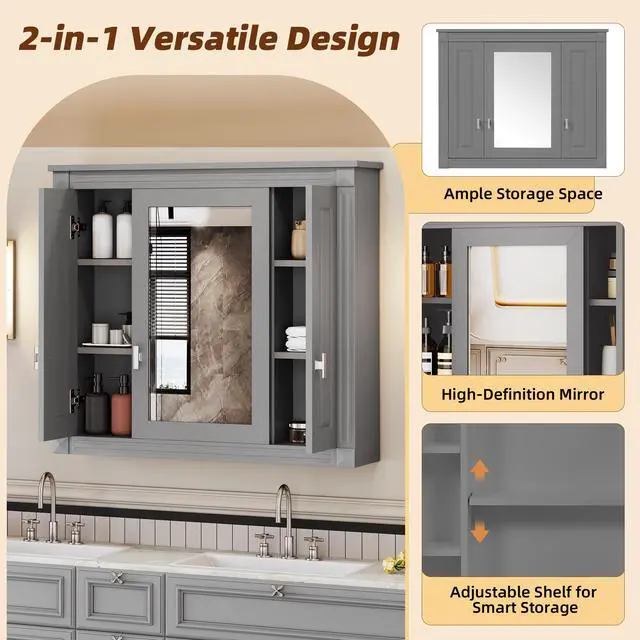 Alt view image 7 of 7 - Bathroom Wall Cabinet with Mirror, Wall Mounted Medicine Cabinet with 5 Shelves, Mirrored Door Over Toilet Storage Cabinet