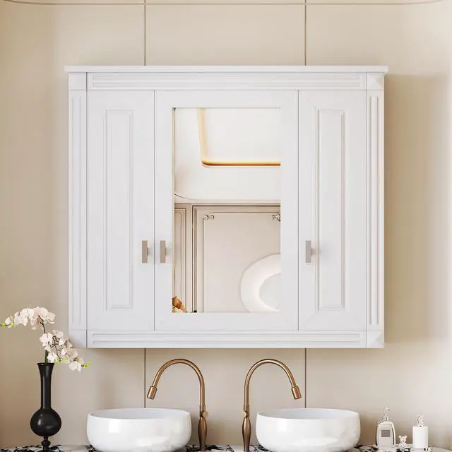 Alt view image 2 of 7 - Bathroom Wall Cabinet with Mirror, Wall Mounted Medicine Cabinet with 5 Shelves, Mirrored Door Over Toilet Storage Cabinet, White