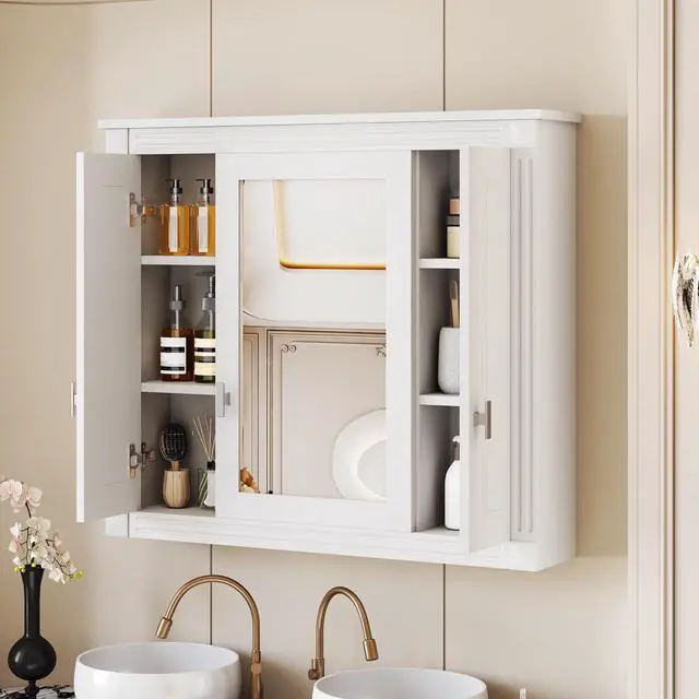 Alt view image 4 of 7 - Bathroom Wall Cabinet with Mirror, Wall Mounted Medicine Cabinet with 5 Shelves, Mirrored Door Over Toilet Storage Cabinet, White