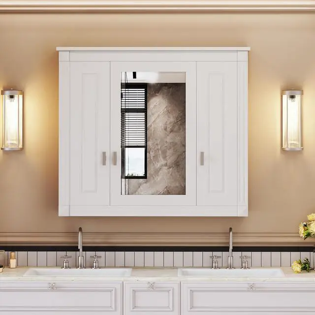 Alt view image 5 of 7 - Bathroom Wall Cabinet with Mirror, Wall Mounted Medicine Cabinet with 5 Shelves, Mirrored Door Over Toilet Storage Cabinet, White