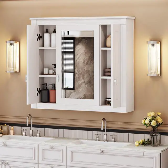 Alt view image 6 of 7 - Bathroom Wall Cabinet with Mirror, Wall Mounted Medicine Cabinet with 5 Shelves, Mirrored Door Over Toilet Storage Cabinet, White