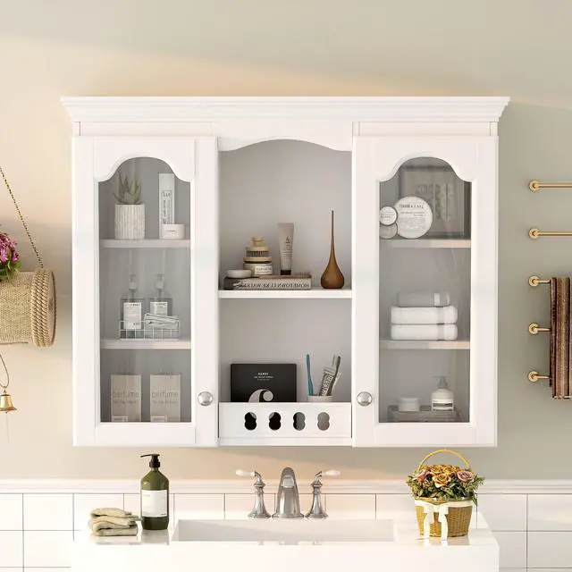 Alt view image 2 of 7 - Wall Mounted Medicine Cabinet, Bathroom Wall Cabinet with 2 Glass Doors, Over The Toilet Space Saver Storage Cabinet with Ample Storage, White