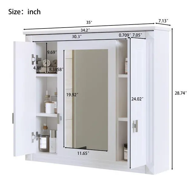 Alt view image 3 of 7 - Bathroom Wall Cabinet with Mirror, Wall Mounted Medicine Cabinet with 5 Shelves, Mirrored Door Over Toilet Storage Cabinet, White