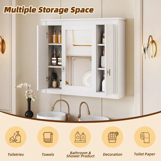 Alt view image 7 of 7 - Bathroom Wall Cabinet with Mirror, Wall Mounted Medicine Cabinet with 5 Shelves, Mirrored Door Over Toilet Storage Cabinet, White