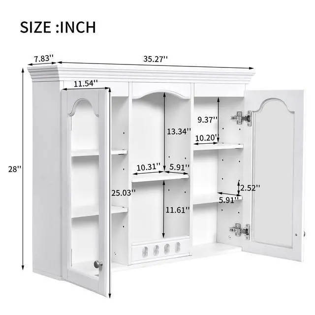Alt view image 3 of 7 - Wall Mounted Medicine Cabinet, Bathroom Wall Cabinet with 2 Glass Doors, Over The Toilet Space Saver Storage Cabinet with Ample Storage, White