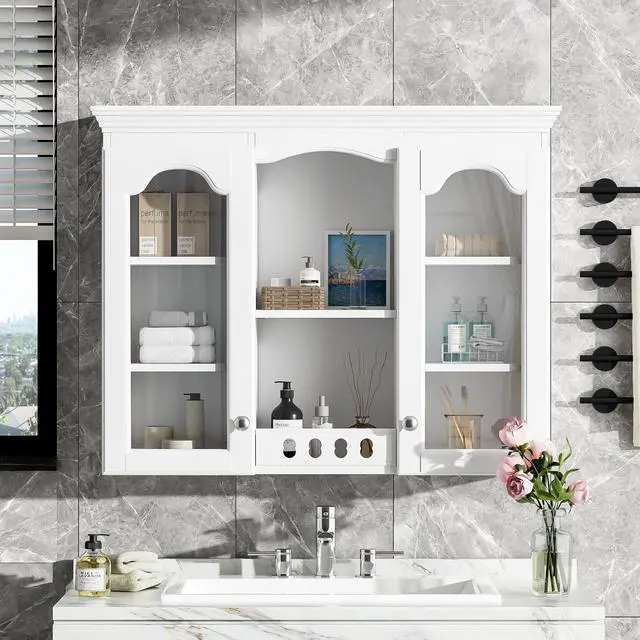 Alt view image 4 of 7 - Wall Mounted Medicine Cabinet, Bathroom Wall Cabinet with 2 Glass Doors, Over The Toilet Space Saver Storage Cabinet with Ample Storage, White