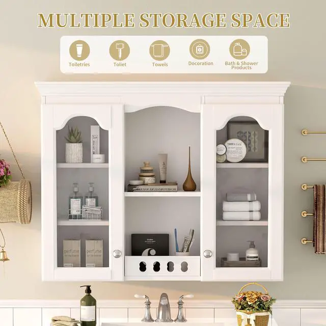 Alt view image 7 of 7 - Wall Mounted Medicine Cabinet, Bathroom Wall Cabinet with 2 Glass Doors, Over The Toilet Space Saver Storage Cabinet with Ample Storage, White