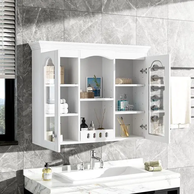 Alt view image 6 of 7 - Wall Mounted Medicine Cabinet, Bathroom Wall Cabinet with 2 Glass Doors, Over The Toilet Space Saver Storage Cabinet with Ample Storage, White