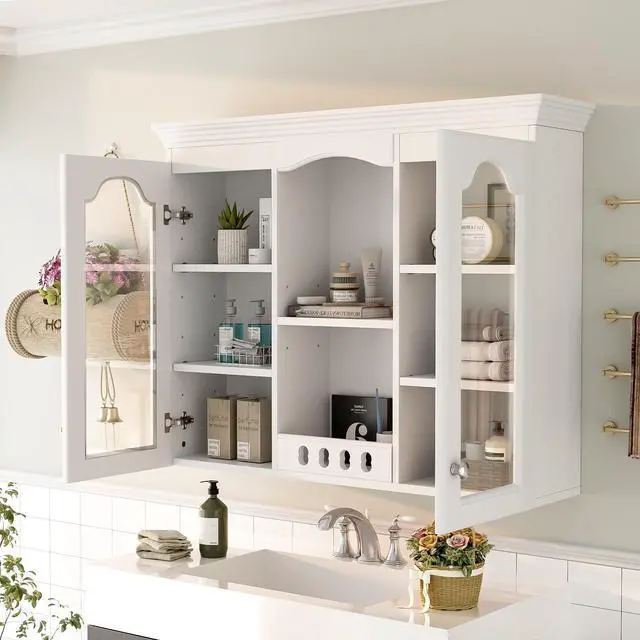 Alt view image 5 of 7 - Wall Mounted Medicine Cabinet, Bathroom Wall Cabinet with 2 Glass Doors, Over The Toilet Space Saver Storage Cabinet with Ample Storage, White