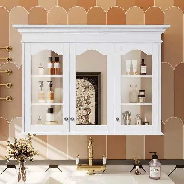 Alt view image 2 of 7 - 40" Medicine Cabinet with Mirror, Bathroom Storage Cabinet with Mirror Door and Shelves, Wall Mounted Bathroom Cabinet with Glass Doors