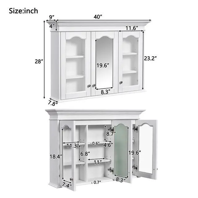 Alt view image 3 of 7 - 40" Medicine Cabinet with Mirror, Bathroom Storage Cabinet with Mirror Door and Shelves, Wall Mounted Bathroom Cabinet with Glass Doors