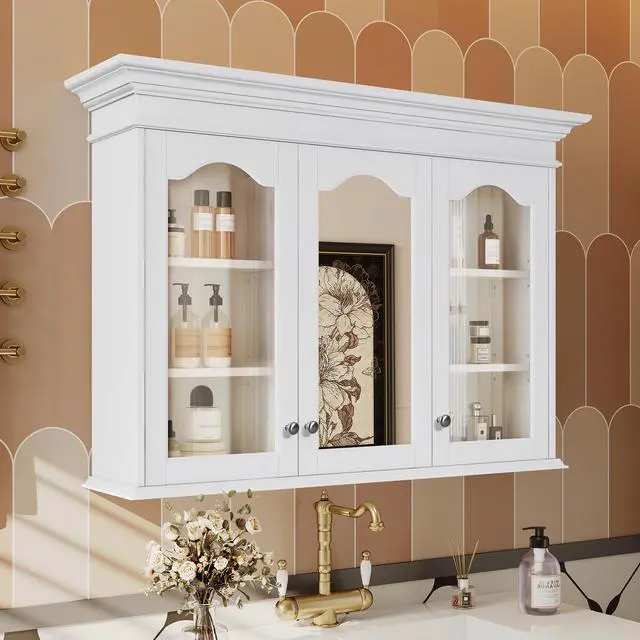 Alt view image 4 of 7 - 40" Medicine Cabinet with Mirror, Bathroom Storage Cabinet with Mirror Door and Shelves, Wall Mounted Bathroom Cabinet with Glass Doors