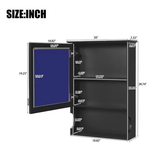 Alt view image 3 of 7 - 20'' Wall Mounted Bathroom Storage Cabinet with Mirror, Wall Mounted Home Storage with Door, Mirrored Wall Medicine Cabinet