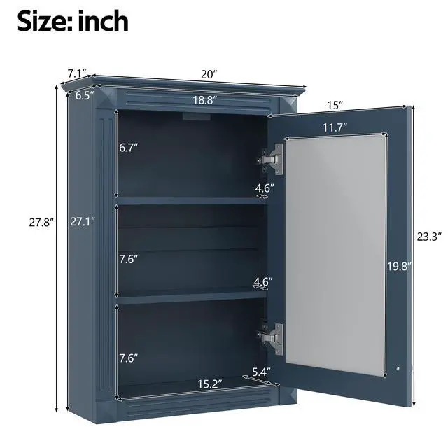 Alt view image 3 of 7 - 20" Wall Mounted Bathroom Storage Cabinet with Mirror, Medicine Cabinet with Height Adjustable Shelf, Over the Toilet Space Saver Cabinet
