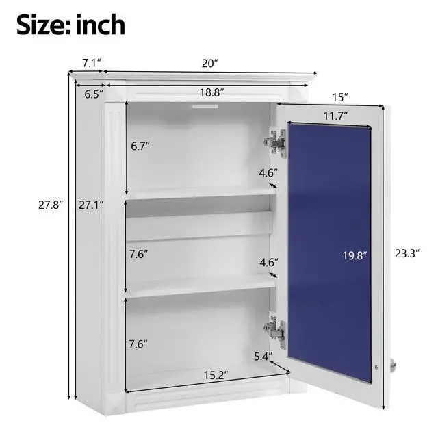 Alt view image 3 of 7 - 20" Wall Mounted Bathroom Storage Cabinet with Mirror, Medicine Cabinet with Height Adjustable Shelf, Over the Toilet Space Saver Cabinet