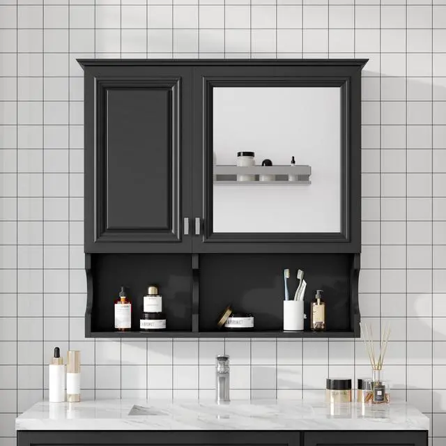 Alt view image 2 of 7 - 30 Inch Mirror Medicine Cabinet with Open Shelves, Wall Mounted Home Storage with Doors & Mirror, Adjustable Shelf, Bathroom Storage Cabinet over Toilet
