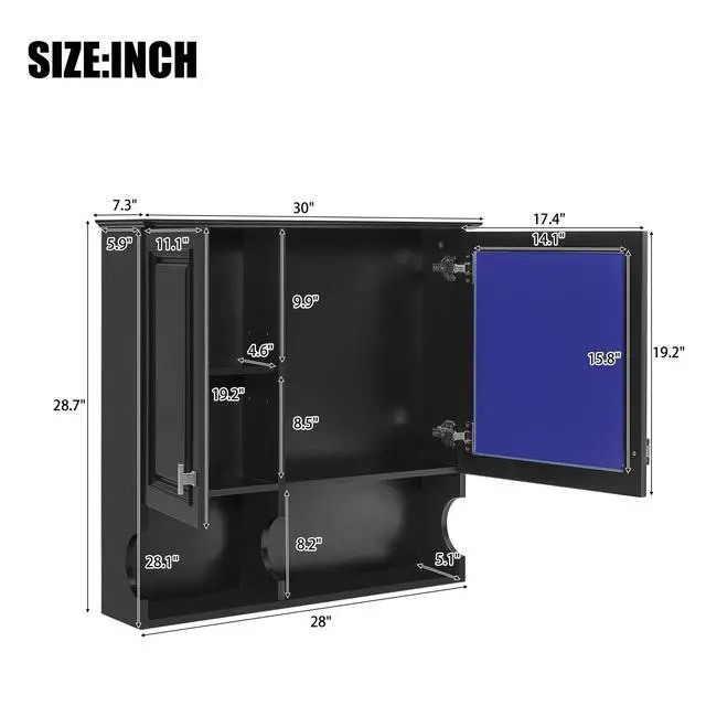 Alt view image 3 of 7 - 30 Inch Mirror Medicine Cabinet with Open Shelves, Wall Mounted Home Storage with Doors & Mirror, Adjustable Shelf, Bathroom Storage Cabinet over Toilet
