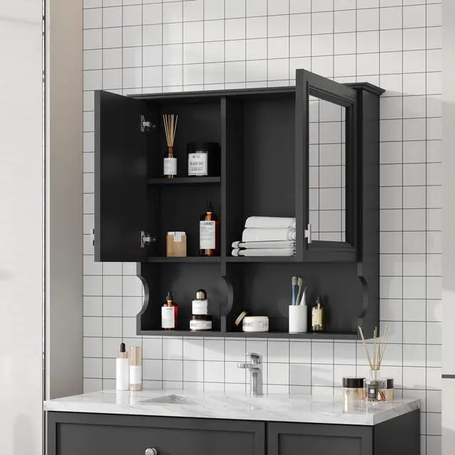 Alt view image 4 of 7 - 30 Inch Mirror Medicine Cabinet with Open Shelves, Wall Mounted Home Storage with Doors & Mirror, Adjustable Shelf, Bathroom Storage Cabinet over Toilet