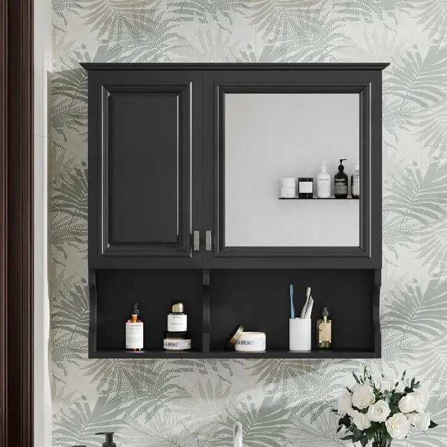Alt view image 5 of 7 - 30 Inch Mirror Medicine Cabinet with Open Shelves, Wall Mounted Home Storage with Doors & Mirror, Adjustable Shelf, Bathroom Storage Cabinet over Toilet